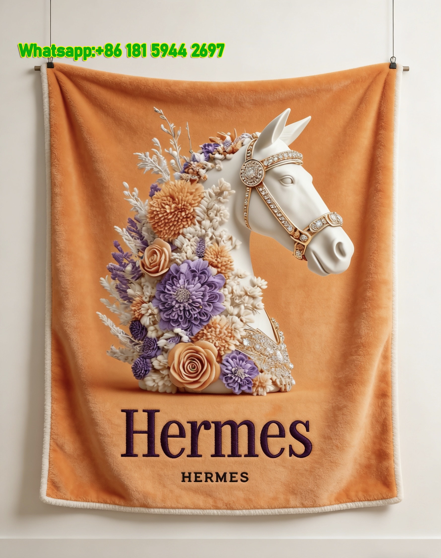 Hermès Floral Horse Head Flannel Throw Blanket IMG_5069